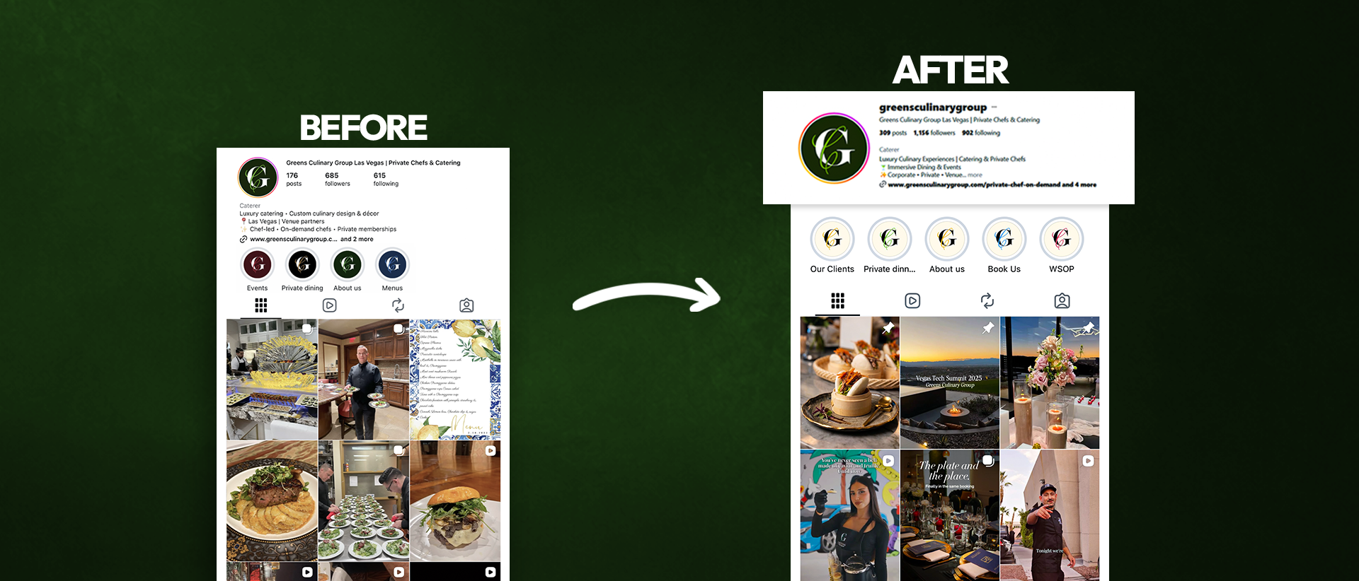 Elevate Greens Culinary Group’s Instagram and attract a qualified audience with the potential to become leads and customers for its luxury catering and private dining services.