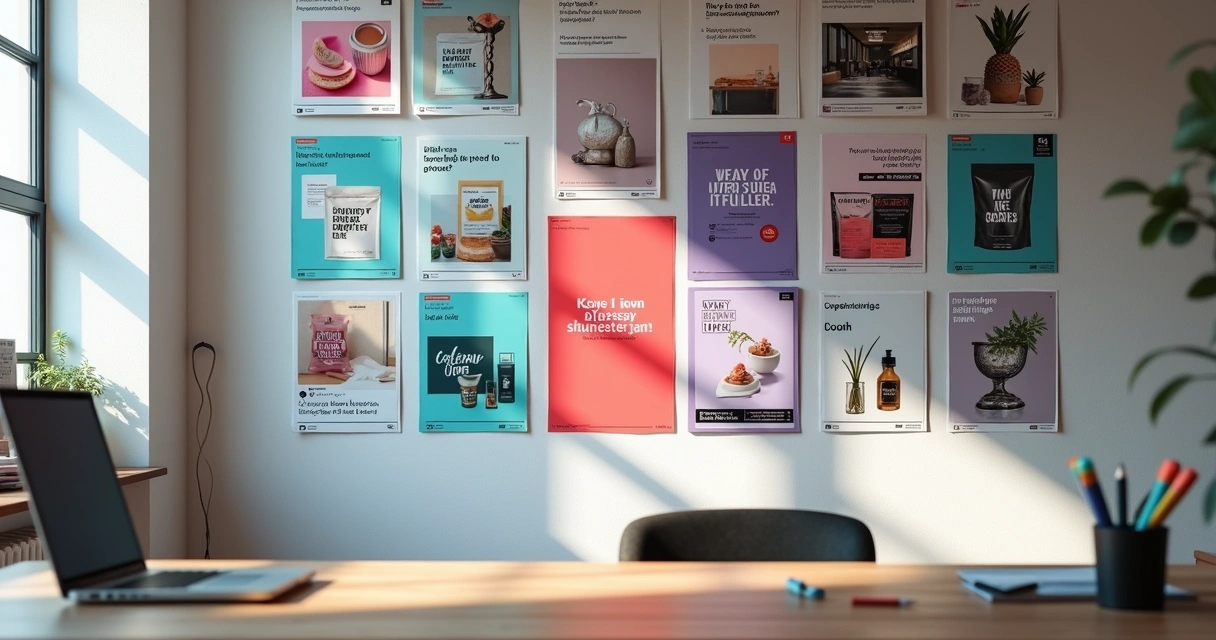 Wall of generic posts with one standout colorful brand concept in the center
